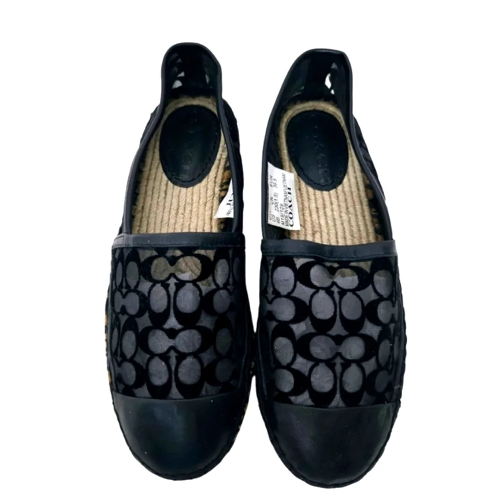 Coach Cleo Black Logo Round Leather Cap Toe Mesh Slip-On‎ Espadrilles